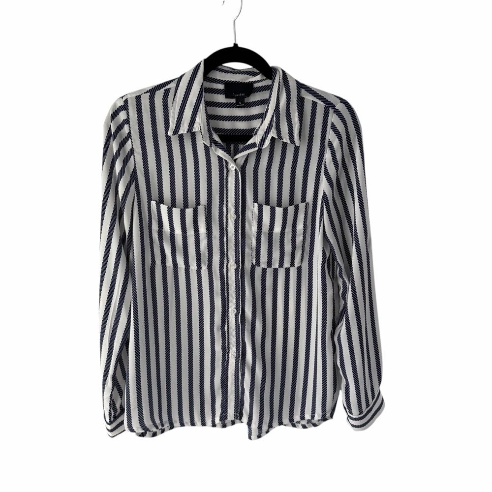 Lumière Navy and White Striped Coastal Minimalist Casual Button-Up Blouse Size S